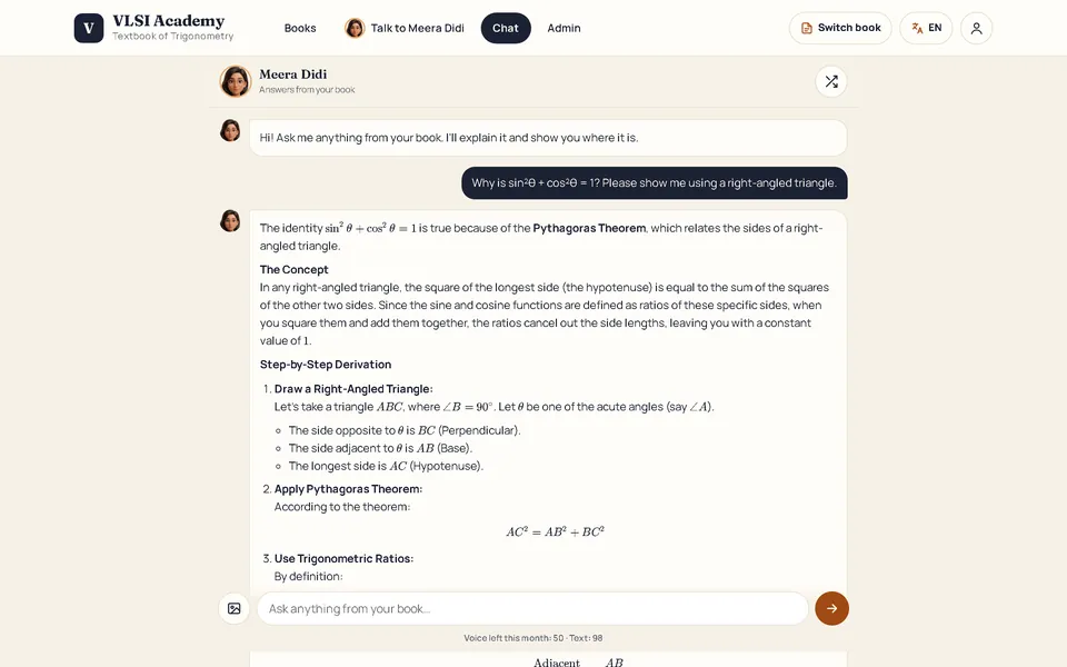 Chat on a laptop: the question why sin²θ + cos²θ = 1, and the tutor's derivation from a right-angled triangle using Pythagoras' theorem.
