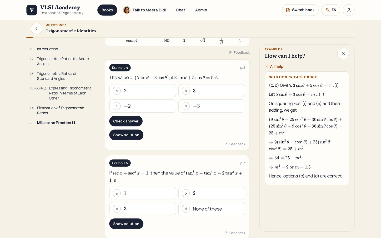 The reading app on a laptop: Example 4 from Trigonometric Identities, with the help panel showing the book's own step-by-step solution.