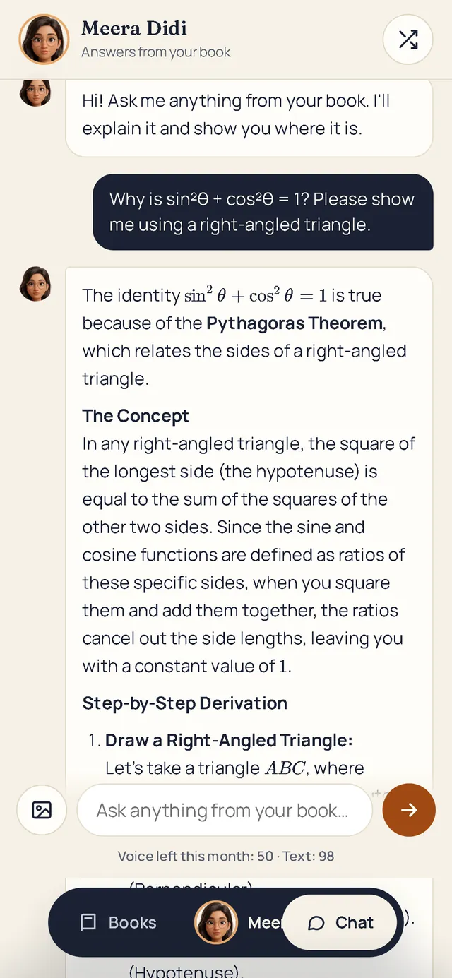The chat screen on a phone: a learner asks why sin²θ + cos²θ = 1, and Meera Didi answers step by step from a right-angled triangle.