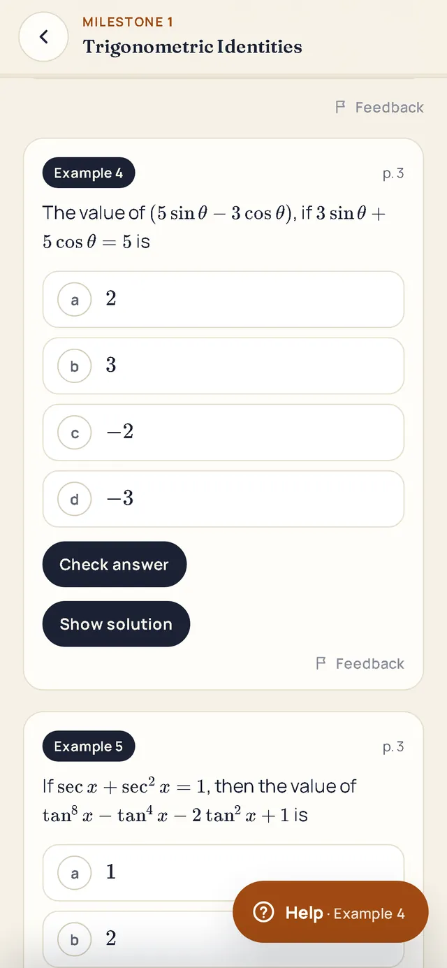 Example 4 on a phone: a multiple-choice trigonometry question with Check answer and Show solution.