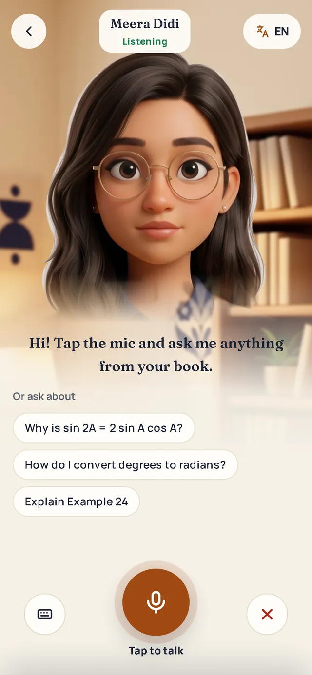 The Talk screen on a phone: Meera Didi's avatar, listening, with suggested questions and a large tap-to-talk microphone button.
